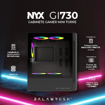 Imagen 3 de Balam Rush Gabinete Gamer NYX GI730 Micro ATX Mini Torre con 3 Ventiladores RGB Cristal Templado Negro BR-936095