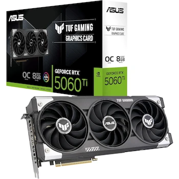 Imagen alusiva al producto ASUS TUF Gaming GeForce RTX 5060 Ti 8GB GDDR7 OC Edition Tarjeta Gráfica para Juegos, Modelo: TUF-RTX5060TI-O8G-GAMING, Color: Negro, Tamaño: 302 x 133.5 x 62 mm, 3.1 Slot, Serie: TUF Gaming