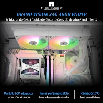 Imagen 2 de Thermalright Grand Vision 240 ARGB White AIO CPU Liquid Cooler, 240mm Radiador, Pantalla LCD IPS 3.4 pulgadas Absorción Magnética, Serie Grand Vision