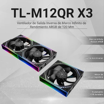 Imagen 2 de Thermalright TL-M12QR X3 Enfriador de CPU con Efecto de Luz de Espejo ARGB, Ventilador de Enfriamiento Inverso PWM Silencioso 120mm Negro (Paquete de 3)