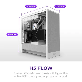 Imagen 2 de NZXT H5 Flow (2024) Gabinete Torre Mid-Tower Compact ATX Blanco con Cristal Templado y Panel Perforado