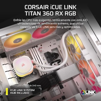 Imagen 2 de CORSAIR iCUE LINK TITAN 360 RX RGB Refrigerador Líquido para CPU AIO 360mm con 3 Ventiladores RX120 RGB, Hub iCUE LINK Incluido, Blanco