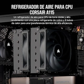 Imagen 2 de CORSAIR A115 Twin Tower High-Performance CPU Air Cooler Negro con Dos Ventiladores AF140 Elite PWM y Pasta Térmica XTM70 Preaplicada Modelo CT-9010011-WW