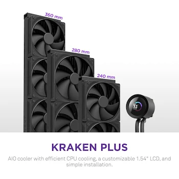 Imagen 2 de NZXT Kraken Plus 360 Enfriador Líquido AIO para CPU Radiador 360 mm 3 Ventiladores F120P Pantalla LCD Cuadrada Personalizable 1.54" Negro