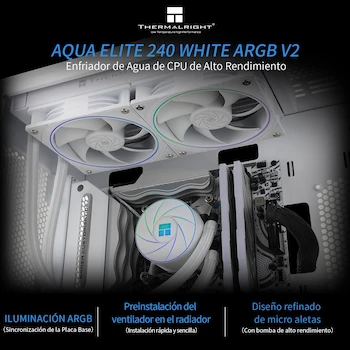 Imagen 2 de Thermalright Aqua Elite 240 Blanco ARGB V2 Refrigerador Líquido AIO para CPU 240mm con 2 Ventiladores TL-S12W PWM Serie Aqua Elite