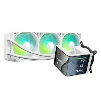 Imagen de referencia para TRYX PANORAMA SE 360 ARGB Blanco 360 mm AIO Giratorio 6.67 pulgadas AMOLED Visualización Curvada 3D Efecto Anamórfico Personalizable AIO Cooler 360mm Blanco
