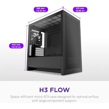 Imagen 2 de NZXT H3 Flow CC-H31FB-01 Carcasa Micro-ATX Mid-Tower para PC con Panel Vidrio Templado Negro