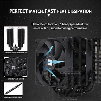 Imagen 4 de Thermalright Peerless Assassin 120 Black CPU Air Cooler, Dual Tower, 6 Heat Pipes, Dual 120mm TL-C12B PWM Fans, Aluminium Heatsink Cover, AGHP Technology