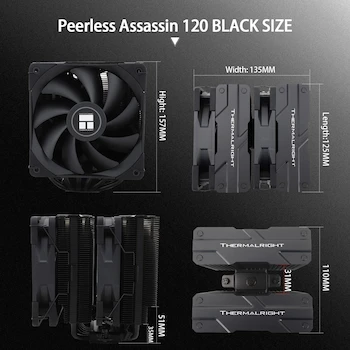Imagen 5 de Thermalright Peerless Assassin 120 Black CPU Air Cooler, Dual Tower, 6 Heat Pipes, Dual 120mm TL-C12B PWM Fans, Aluminium Heatsink Cover, AGHP Technology