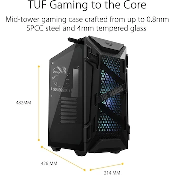 Imagen 2 de ASUS TUF Gaming GT301 Gabinete Mid-Tower ATX Negro con Panel Lateral Vidrio Templado, Panel Frontal Perforado Nido de Abeja, Ventilador ARGB 120mm Preinstalado y Soporte Radiador 360mm