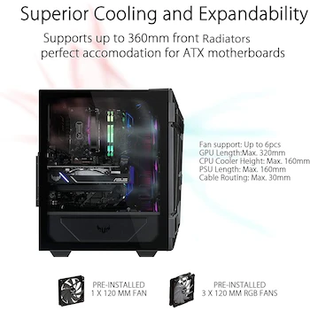 Imagen 3 de ASUS TUF Gaming GT301 Gabinete Mid-Tower ATX Negro con Panel Lateral Vidrio Templado, Panel Frontal Perforado Nido de Abeja, Ventilador ARGB 120mm Preinstalado y Soporte Radiador 360mm