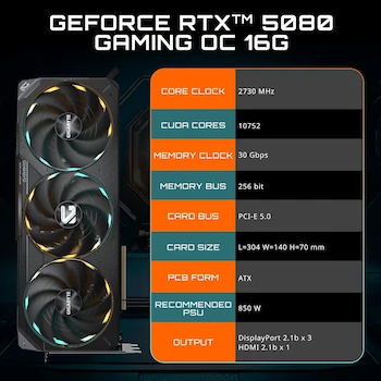 Imagen 2 de GIGABYTE Tarjeta de Video GeForce RTX 5080 Gaming OC 16G, Modelo GV-N5080GAMING-OC-16GD, 16GB GDDR7, 256 bits, PCI Express 5.0 x16