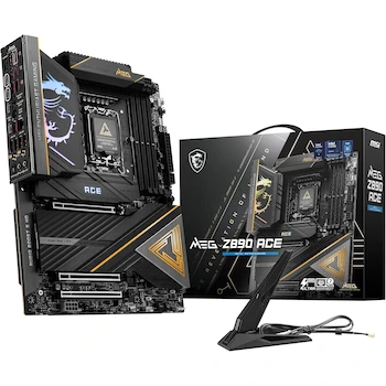 Imagen de referencia para MSI MEG Z890 Ace - Placa Base ATX para Juegos, Serie MEG, Modelo Z890 Ace, Socket LGA 1851, Chipset Intel Z890, Color Negro Oscuro con Detalles en Dorado Pálido, Tamaño 305 x 244 mm