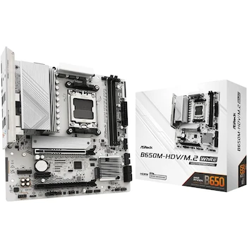 Imagen de referencia para Placa base ASRock B650M-HDV M.2 Blanca Micro-ATX AM5, compatible con AMD Ryzen 9000, 8000 y 7000 Series, Socket AM5, DDR5 8200+(OC), Dual M.2 (Gen5/Gen4), PCIe 5.0 x16, USB 3.2 Type-C, LAN 2.5G, Peso 2.6 libras, Altura 9.6 pulgadas