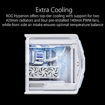 Imagen 3 de ASUS ROG Hyperion GR701 Blanca Full-Tower E-ATX Gabinete para Ordenador, Dimensiones 268x639x659 mm, Compatible con Motherboards E-ATX (12"x10.9"), ATX, Micro-ATX, Mini-ITX, 9 Ranuras de Expansión + 3 Verticales, 5 Bahías de 2.5", 2 Bahías Combo 2.5"/3.5"