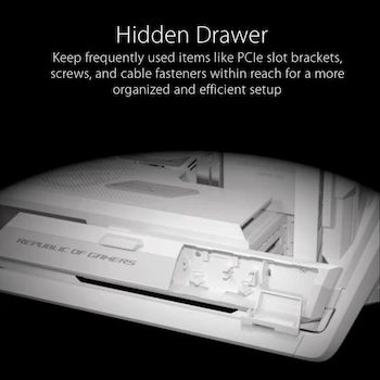 Imagen 5 de ASUS ROG Hyperion GR701 Blanca Full-Tower E-ATX Gabinete para Ordenador, Dimensiones 268x639x659 mm, Compatible con Motherboards E-ATX (12"x10.9"), ATX, Micro-ATX, Mini-ITX, 9 Ranuras de Expansión + 3 Verticales, 5 Bahías de 2.5", 2 Bahías Combo 2.5"/3.5"