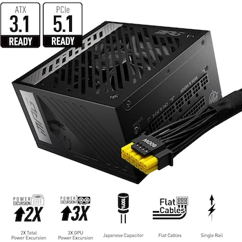 Imagen 2 de Fuente de Alimentación para PC MSI MPG A850G PCIE5 Negra 850W Full Modular Serie MPG