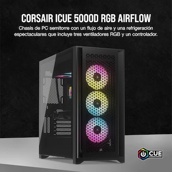 Imagen 2 de Corsair Semitorre iCUE 5000D RGB Airflow Mid-Tower ATX, 3 Ventiladores AF120 RGB Elite, Controlador iCUE Lighting Node Pro, Diseño Alto Flujo de Aire - Negro