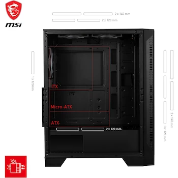 Imagen 3 de Gabinete MSI MAG Forge 120A Airflow con Ventana de Vidrio Templado, Color Negro, Midi-Tower, ATX/Micro-ATX/Mini-ITX, USB 3.2 Gen 1, Sin Fuente, 6 Ventiladores ARGB de 120mm Instalados, Dimensiones 411.6x210x498mm