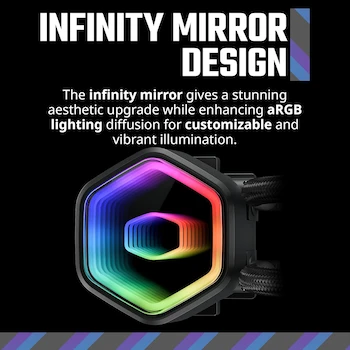 Imagen 2 de Cooler Master 240 Core II Black AIO CPU Liquid Cooler, R9|U7|i7, bomba G9R de doble cámara, Infinity Mirror aRGB, radiador de 240 mm, ventilador PWM de 120 mm, plataforma AMD Ryzen AM5|4, MLW-D24M-A18PA-R1