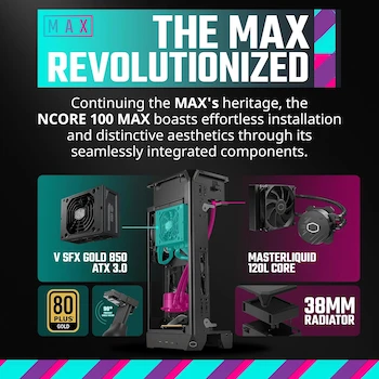 Imagen 2 de Cooler Master NCORE 100 MAX NR100-MNNN85-SL0 Bronze Anodized Aluminum Mini-ITX SFF Mini Tower Case with 120mm AIO and 850W SFX Gold ATX 3.0 PSU, Vertical GPU Mount, 4 GPU Slots, PCIe 4.0 Riser, USB Type C, Dimensions 155-172 x 212 x 481 mm, 15.7L