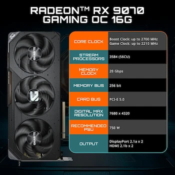 Imagen 2 de GIGABYTE Tarjeta gráfica AMD Radeon RX 9070 Gaming OC 16G, 16 GB GDDR6, Modelo GV-R9070GAMING OC-16GD