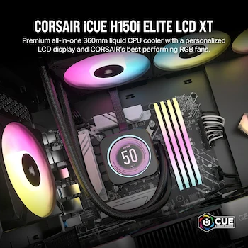 Imagen 2 de Corsair iCUE H150i Elite LCD XT Refrigerador Líquido para CPU - Pantalla IPS LCD - Tres Ventiladores AF120 RGB Elite - Radiador de 360 mm - Compatible con Intel LGA 1700, 1200, 115X, 2066, AMD AM5, AM4 - Color Negro - Modelo CW-9060075-WW