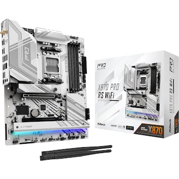 Imagen alusiva al producto ASRock X870 Pro RS WiFi Blanca y Plateada con Acentos Negros AMD Ryzen 9000/8000/7000 Series Socket AM5 Chipset X870 ATX Placa Base DDR5 hasta 256GB con 4 Puertos SATA3 y 3 Slots M.2 Tamaño 30.5x24.4 cm