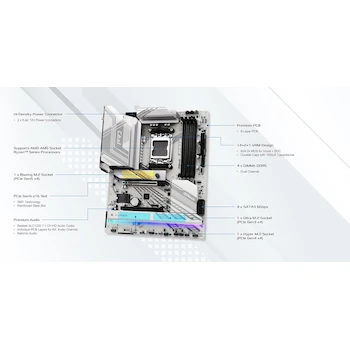 Imagen 2 de ASRock X870 Pro RS WiFi Blanca y Plateada con Acentos Negros AMD Ryzen 9000/8000/7000 Series Socket AM5 Chipset X870 ATX Placa Base DDR5 hasta 256GB con 4 Puertos SATA3 y 3 Slots M.2 Tamaño 30.5x24.4 cm