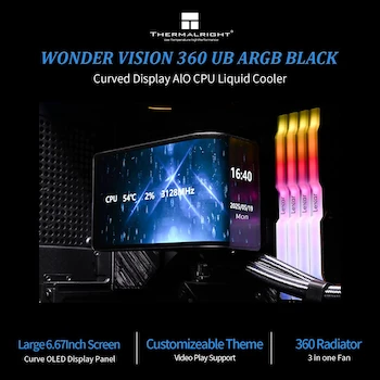 Imagen de referencia para Thermalright Wonder Vision 360 UB ARGB Negro AIO Enfriador Líquido de CPU para AM5/Intel LGA1851/1700, Pantalla Curva 3D de 6.67 pulgadas con Resolución 2400x1080, Panel de Pantalla Magnético