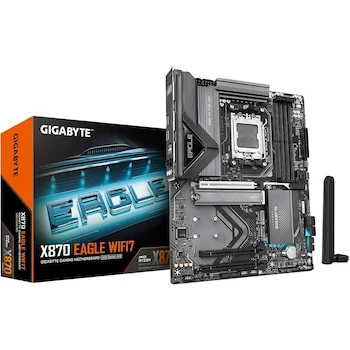 Imagen de referencia para Tarjeta Madre GIGABYTE X870 Eagle WIFI7, Modelo X870 EAGLE WIFI7, Rev. 1.x, Serie X870, Chipset AMD X870, Socket AM5 LGA 1718, Formato ATX, Dimensiones 30.5cm x 24.4cm, Memoria DDR5 4 DIMM hasta 256GB, 4x M.2, Wi-Fi 7, LAN 2.5GbE