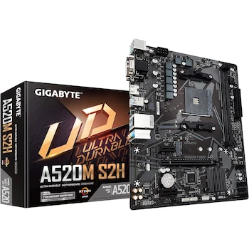 Imagen de referencia para Placa Madre Gigabyte A520M S2H Rev. 1.x MicroATX Chipset AMD A520 Socket AM4 Color Negro Dimensiones 24.4x20.5cm Soporta Procesadores AMD Ryzen 5000/5000G/4000G/3000/3000G Series Memoria Max 64GB DDR4 2 DIMM 1 M.2 4 SATA