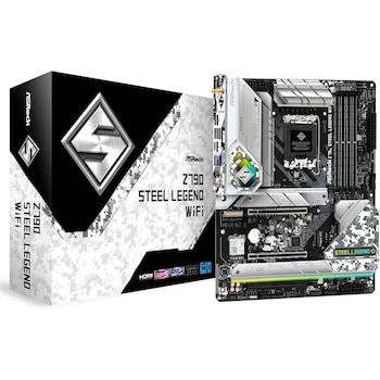 Imagen alusiva al producto Tarjeta Madre ASRock Z790 Steel Legend WiFi, Serie Steel Legend, Chipset Intel Z790, Socket LGA1700, Formato ATX, WiFi 6E, hasta 192GB DDR5, Diseño Camuflaje Blanco Plateado y Negro, Dimensiones 305x244mm