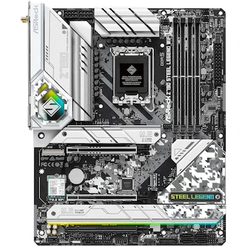 Imagen 4 de Tarjeta Madre ASRock Z790 Steel Legend WiFi, Serie Steel Legend, Chipset Intel Z790, Socket LGA1700, Formato ATX, WiFi 6E, hasta 192GB DDR5, Diseño Camuflaje Blanco Plateado y Negro, Dimensiones 305x244mm