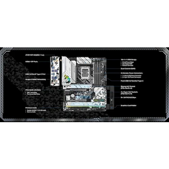 Imagen 5 de Tarjeta Madre ASRock Z790 Steel Legend WiFi, Serie Steel Legend, Chipset Intel Z790, Socket LGA1700, Formato ATX, WiFi 6E, hasta 192GB DDR5, Diseño Camuflaje Blanco Plateado y Negro, Dimensiones 305x244mm