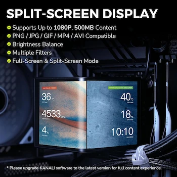 Imagen 5 de TRYX Panorama ARGB 360 Black 360mm AIO Liquid CPU Cooler Model L-P360A-AS3M-G1K with 6.5 Inch AMOLED Curved L-Shaped Screen 3D Anamorphic Customizable Asetek 8th Gen V2 Pump 320W TDP Magnetic Performance Fans Intel LGA AMD Compatible