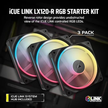 Imagen 2 de Corsair iCUE Link LX120-R RGB 120mm Ventilador Inverso PWM – Kit de Triple Ventilador – Negro