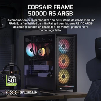 Imagen 2 de Corsair FRAME 5000D RS ARGB Caja Mid-Tower para PC, Color Negro, Serie FRAME 5000D, Modelo CC-9011309-WW, Dimensiones 556mm (Largo) x 250mm (Ancho) x 542mm (Altura), Capacidad Bahías 2x3.5" y 6x2.5", Panel Vidrio Templado