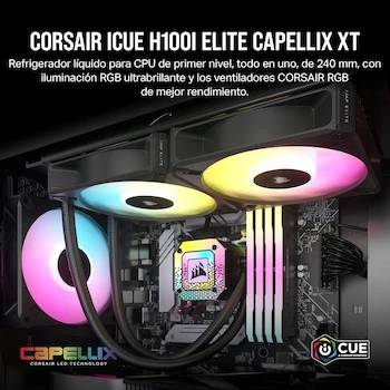 Imagen 2 de Corsair iCUE H100i Elite CAPELLIX XT Refrigerador Líquido de CPU - Radiador de 240 mm - Dos Ventiladores AF120 RGB Elite - Compatible con Intel LGA 1700, 1200, 115X, 2066 y AMD AM5, AM4 - Color Negro - Modelo CW-9060068-WW