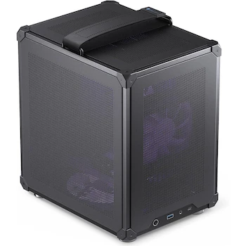 Imagen de referencia para JONSBO C6 Black Mini MATX Mesh Case w/ Handle, Micro ATX/ITX Chassis, Mini-Tower, Dims: 202x266x295.2mm, Alloy Steel, Max PSU:185mm, GPU:255mm, CPU Cooler:75mm, Drives:3.5HDDx1/2.5SSDx2, Front: USB-C/USB3.0/Audio/Mic
