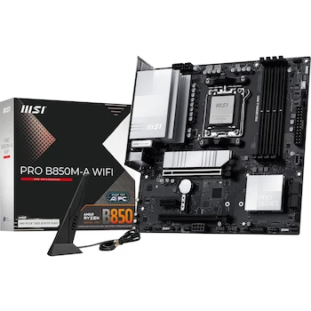 Imagen de referencia para MSI PRO B850M-A WiFi Motherboard, mATX Form Factor, Silver-White Color, PRO Series, AM5 Socket, AMD B850 Chipset, DDR5 Memory, Model B0FC97YJBR, Size 244mm x 244mm
