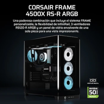 Imagen 2 de Corsair FRAME 4500X RS-R ARGB Caja de PC Semitorre con Cristal Panorámico, Negro, Modelo CC-9011314-WW, Dimensiones 478x246x499 mm, Peso 11.58 kg, Capacidad para Dos Radiadores de 360 mm, Incluye 3 Ventiladores RS120R ARGB 120mm