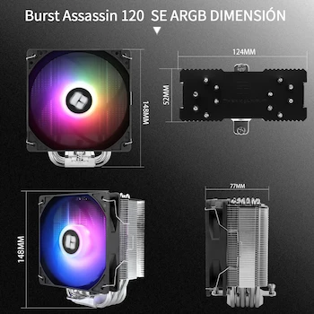 Imagen 3 de Thermalright Burst Assassin 120 SE ARGB CPU Air Cooler, Gray, Model BA120 SE ARGB, Series Burst Assassin, Fan TL-C12C-S 120mm, Dimensions 124x52x148mm, Weight 510g
