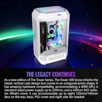Imagen 3 de Thermaltake The Tower 300 Snow Micro Tower Chassis, White, Micro-ATX/Mini-ITX, CA-1Y4-00S6WN-00, SPCC, 551x342x281mm, 8.3kg, 3x3mm Tempered Glass, 3x2.5"/3.5" Bays, 4 Slots