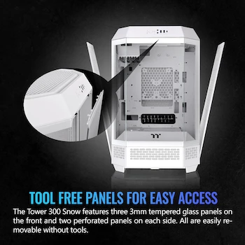 Imagen 5 de Thermaltake The Tower 300 Snow Micro Tower Chassis, White, Micro-ATX/Mini-ITX, CA-1Y4-00S6WN-00, SPCC, 551x342x281mm, 8.3kg, 3x3mm Tempered Glass, 3x2.5"/3.5" Bays, 4 Slots
