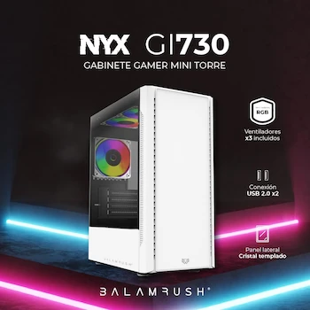 Imagen 3 de Balam Rush Gabinete Gamer Mini Torre NYX GI730 MAX MB M-ATX 280 mm Panel Izq Cristal + Frente Solido Blanco