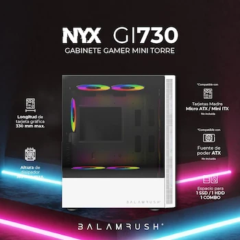 Imagen 4 de Balam Rush Gabinete Gamer Mini Torre NYX GI730 MAX MB M-ATX 280 mm Panel Izq Cristal + Frente Solido Blanco