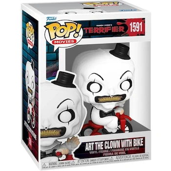 Imagen de referencia para Funko Pop! Movies: Terrifier - Art The Clown with Bike Vinyl Collectible Figure Model #1591 ASIN B0CNCZG6Z9 Size Approximately 4.25 Inches Tall Series Pop! Movies Collection