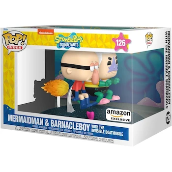 Imagen de referencia para Funko Pop! Rides Deluxe: SpongeBob SquarePants - Mermaid Man & Barnacle Boy with The Invisible Boatmobile, Amazon Exclusive, Vinyl Figure #126, ASIN: B0CYT9MY75, Dimensions: 5.5 inches Tall x 5.5 inches Wide