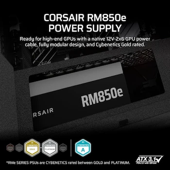Imagen 2 de Corsair RM850e (2025) Fuente de Alimentación ATX Totalmente Modular, Serie RMe, 850W, Color Negro, Modelo CP-9020296-NA, Tamaño 150x140x86 mm